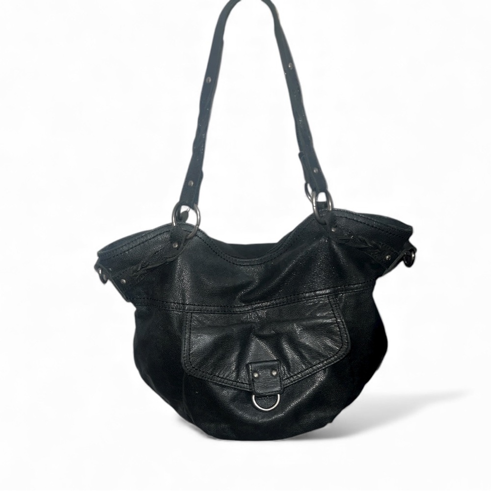 The Sak Black Pebbled Leather Hobo Shoulder Bag Front Flap Pocket